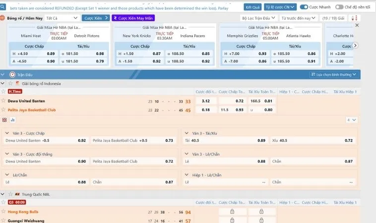 Bảng kèo cá cược bóng rổ 9Club