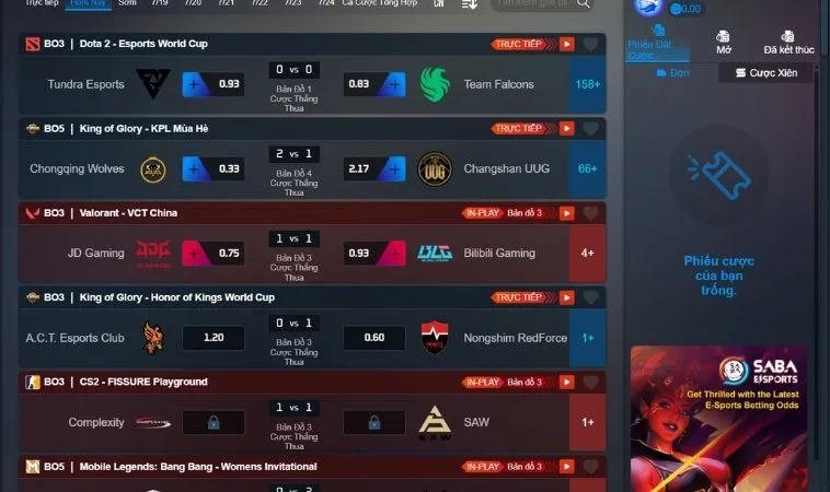 Bảng kèo cá cược Thể Thao Điện Tử Tại 9Club