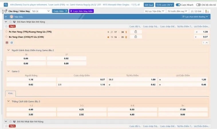 Giao diện cá cược Cầu Lông Tại 9Club