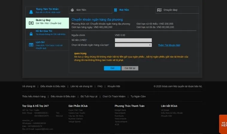 Giao diện rút tiền 9Club