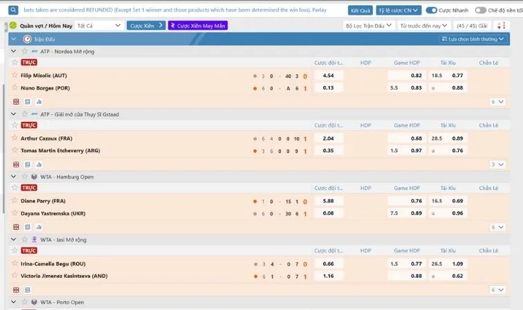 Giao diện cá cược quần vợt 9Club
